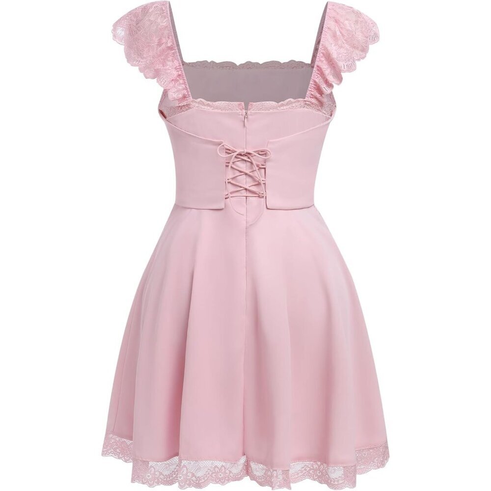 Women's Lace Mini Dress Flowy A-Line Square Neck Ruffle Summer Casual - Picture 2 of 6
